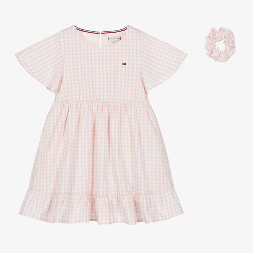 Tommy Hilfiger-طقم فستان وربطة شعر قطن جينغهام لون زهري فاتح | Childrensalon Outlet