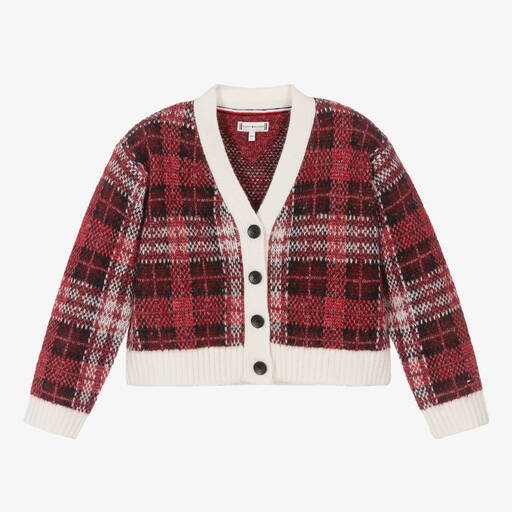 Tommy Hilfiger-كارديغان مزيج صوف محبوك تارتان لون أحمر للبنات | Childrensalon Outlet