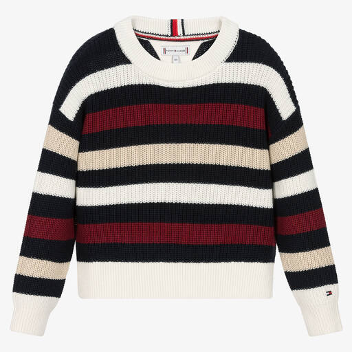 Tommy Hilfiger-Girls White & Blue Stripe Cotton Sweater | Childrensalon Outlet