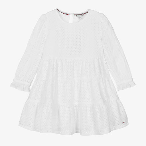 Tommy Hilfiger-Girls White Cotton Broderie Anglaise Dress | Childrensalon Outlet