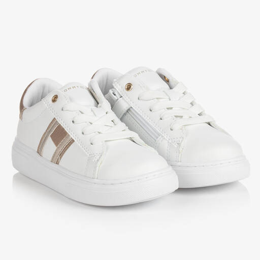 Tommy Hilfiger-Girls White Faux Leather Trainers | Childrensalon Outlet