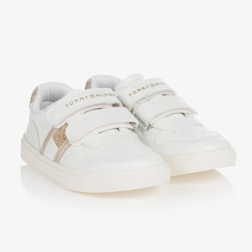 Tommy Hilfiger-Girls White & Gold Glitter Velcro Trainers | Childrensalon Outlet