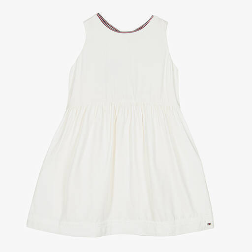 Tommy Hilfiger-Girls White Logo Lace Trim Dress | Childrensalon Outlet