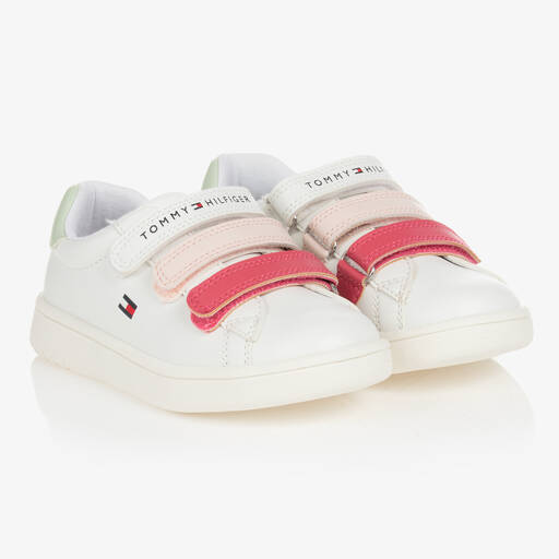 Tommy Hilfiger-Girls White & Pink Velcro Strap Trainers | Childrensalon Outlet
