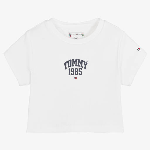 Tommy Hilfiger-Girls White Ribbed Cotton Logo T-Shirt | Childrensalon Outlet