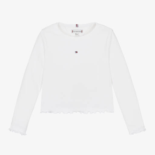 Tommy Hilfiger-Girls White Ribbed Long Sleeve Top | Childrensalon Outlet