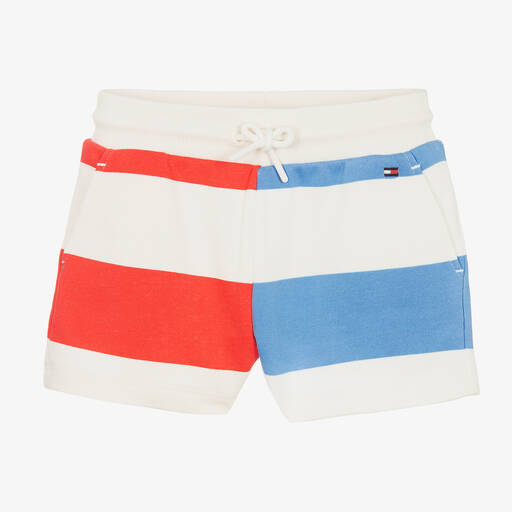 Tommy Hilfiger-Girls White Striped Cotton Shorts | Childrensalon Outlet