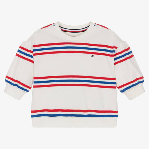 Tommy Hilfiger-Girls White Striped Cotton Sweatshirt | Childrensalon Outlet