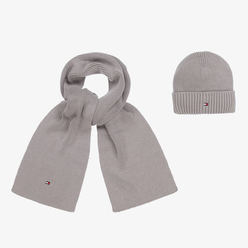Tommy Hilfiger-Grey Cotton Hat & Scarf Set | Childrensalon Outlet
