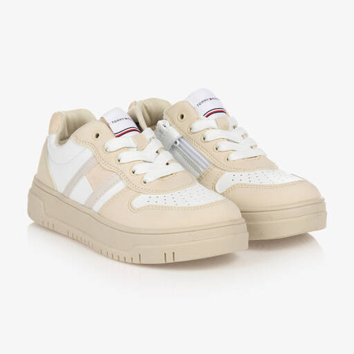 Tommy Hilfiger-Teen Beige & White Faux Leather Logo Trainers | Childrensalon Outlet