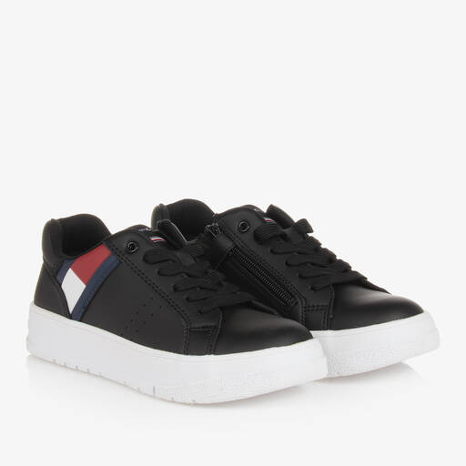 Tommy Hilfiger-Teen Black Faux Leather Flag Trainers | Childrensalon Outlet