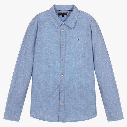 Tommy Hilfiger-قميص تينز ولادي قطن شامبري لون أزرق | Childrensalon Outlet