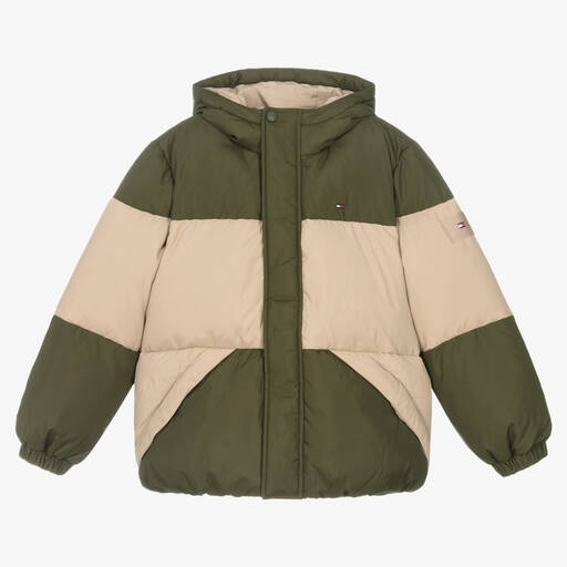 Tommy Hilfiger-Teen Boys Green & Beige Down Puffer Jacket | Childrensalon Outlet