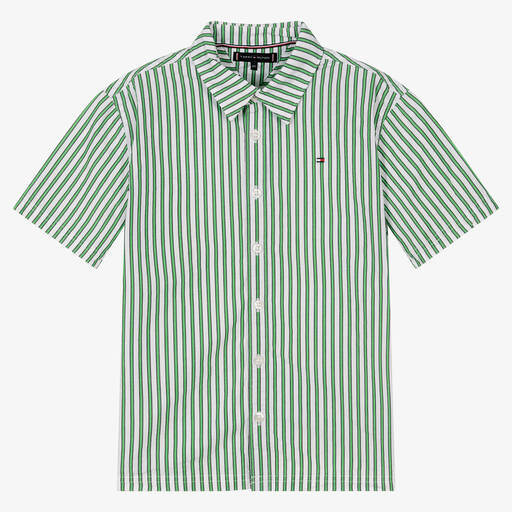 Tommy Hilfiger-Teen Boys Green Stripe Logo Shirt | Childrensalon Outlet