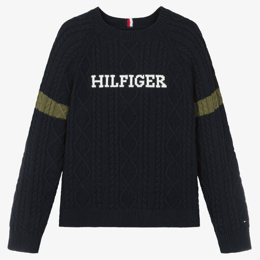 Tommy Hilfiger-Pull bleu marine en maille torsadée | Childrensalon Outlet