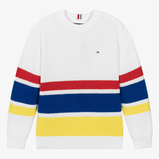 Tommy Hilfiger-Белый хлопковый свитер с полосками для мальчиков-подростков | Childrensalon Outlet