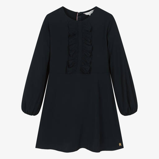 Tommy Hilfiger-فستان فيسكوز تويل مزين بكشكش لون كحلي | Childrensalon Outlet
