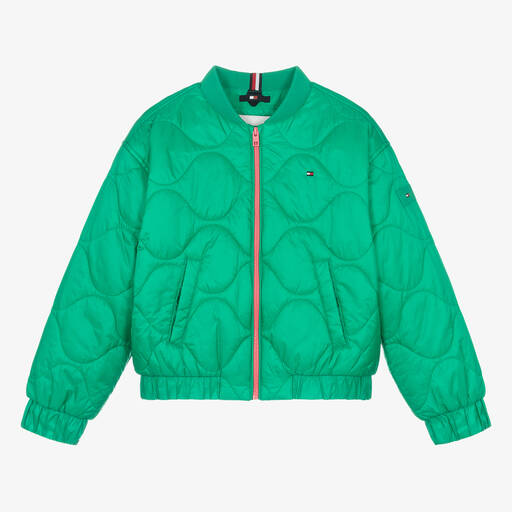 Tommy Hilfiger-Teen Girls Green Quilted Satin Bomber Jacket | Childrensalon Outlet