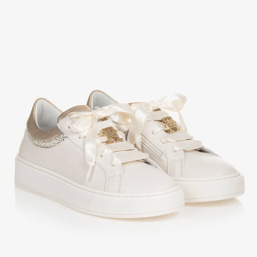 Tommy Hilfiger-Teen Girls Ivory & Gold Leather Trainers | Childrensalon Outlet