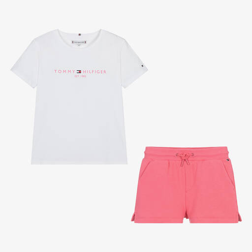 Tommy Hilfiger-طقم شورت قطن لون أبيض وزهري للمراهقات | Childrensalon Outlet