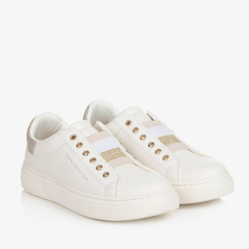 Tommy Hilfiger-ترينرز للمراهقات جلد صناعي لون أبيض وذهبي | Childrensalon Outlet