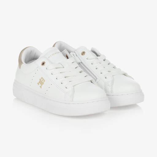 Tommy Hilfiger-Teen Girls White & Gold Monogram Trainers | Childrensalon Outlet