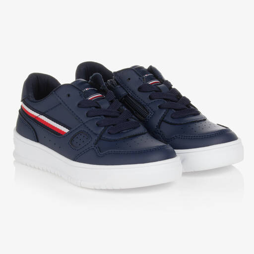 Tommy Hilfiger-Teen Navy Blue Faux Leather Logo Trainers | Childrensalon Outlet