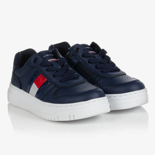 Tommy Hilfiger-Teen Navy Blue Faux Leather Trainers | Childrensalon Outlet
