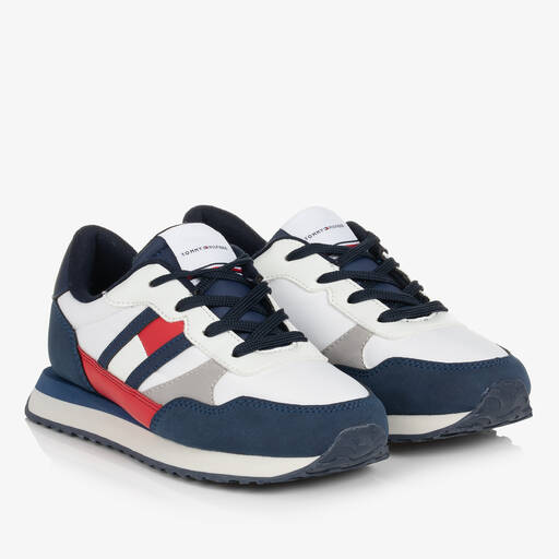 Tommy Hilfiger-ترينرز بأربطة تينز جلد صناعي لون أبيض وكحلي | Childrensalon Outlet