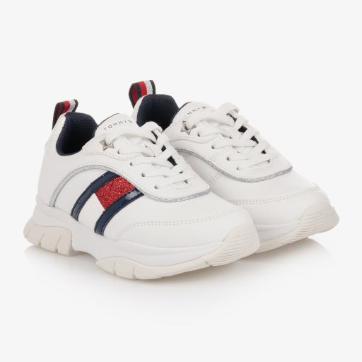 Tommy Hilfiger-White Flag Glitter Trainers | Childrensalon Outlet