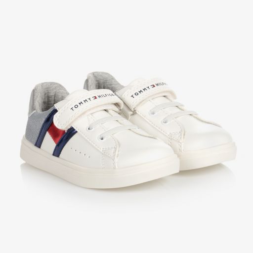 Tommy Hilfiger-حذاء ترينرز جلد لون أبيض وفضّي للبنات | Childrensalon Outlet