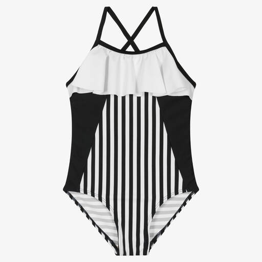 Turtledove London-Girls Black & White Stripe Swimsuit (UPF50+) | Childrensalon Outlet