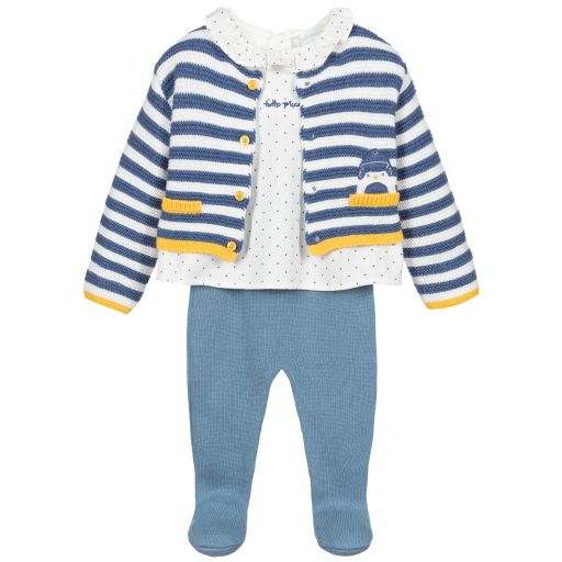 Tutto Piccolo-3 Piece Blue Knit Trouser Set  | Childrensalon Outlet