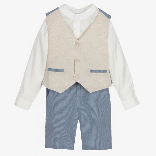 Tutto Piccolo-Beige & Blue Linen Shorts Set | Childrensalon Outlet