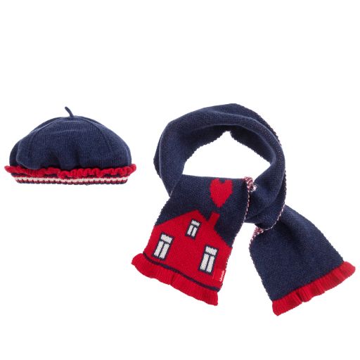 Tutto Piccolo-سكارف وقبعة مزيج قطن وصوف محبوك لون كحلي وأحمر | Childrensalon Outlet