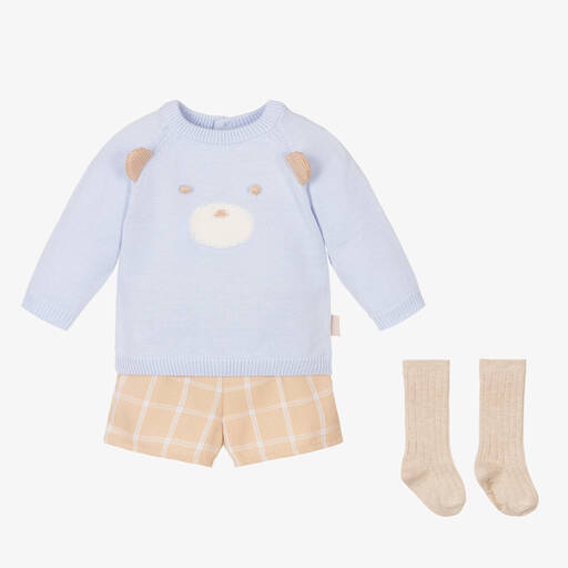 Tutto Piccolo-Boys Blue & Beige Cotton Bear Shorts Set | Childrensalon Outlet