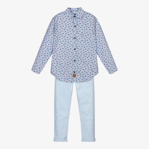 Tutto Piccolo-Голубая хлопковая рубашка с джинсами для мальчиков | Childrensalon Outlet