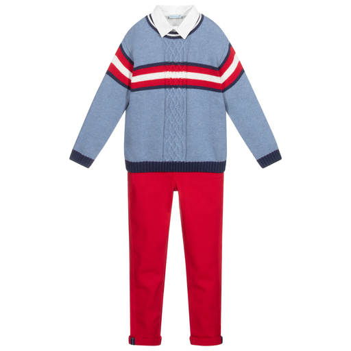 Tutto Piccolo-Комплект с голубым топом и красными брюками для мальчиков  | Childrensalon Outlet