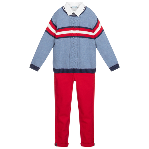 Tutto Piccolo-Комплект с голубым топом и красными брюками для мальчиков | Childrensalon Outlet