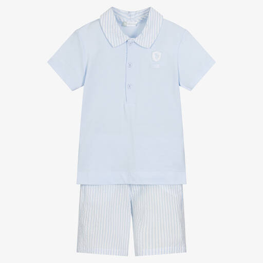 Tutto Piccolo-طقم شورت قطن بيكيه لون أبيض وأزرق للأولاد | Childrensalon Outlet
