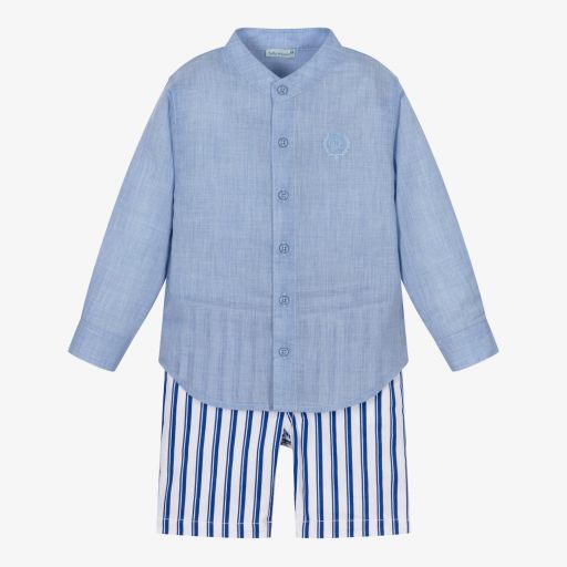 Tutto Piccolo-طقم شورت وتوب قطن لون أزرق وأبيض للأولاد | Childrensalon Outlet