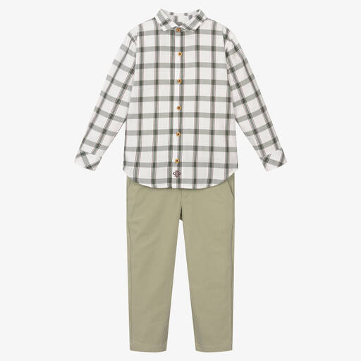 Tutto Piccolo-طقم بنطلون وقميص قطن تويل لون أخضر وأبيض | Childrensalon Outlet