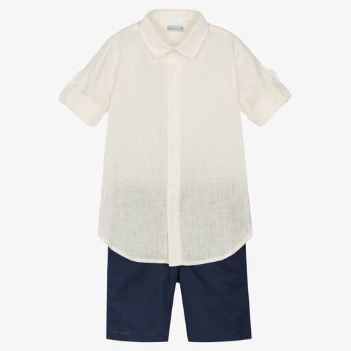 Tutto Piccolo-Кремовая рубашка и синие шорты из льна | Childrensalon Outlet