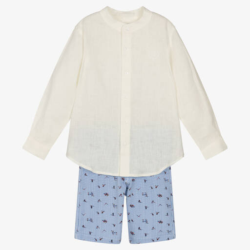 Tutto Piccolo-Кремовая рубашка и голубые шорты из льна | Childrensalon Outlet