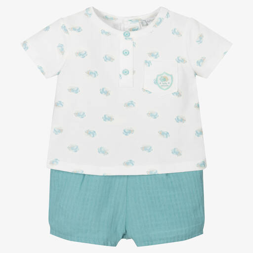 Tutto Piccolo-Boys White & Teal Blue Cotton Shorts Set | Childrensalon Outlet