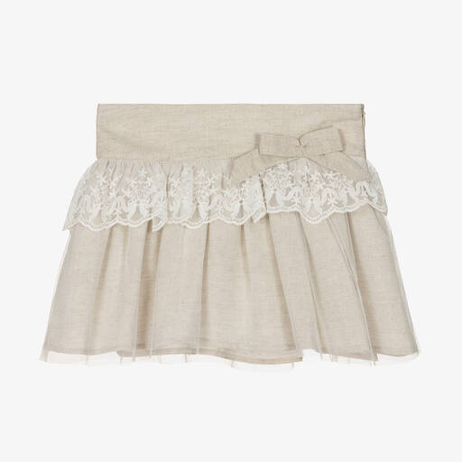 Tutto Piccolo-Girls Beige Linen & Cotton Lace Skirt | Childrensalon Outlet