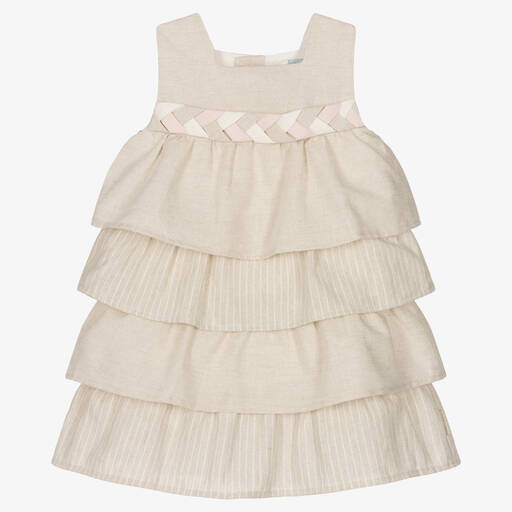 Tutto Piccolo-Girls Beige Tiered Linen Dress | Childrensalon Outlet