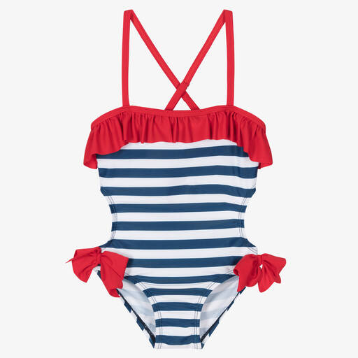 Tutto Piccolo-Girls Blue & Red Stripe Swimsuit | Childrensalon Outlet