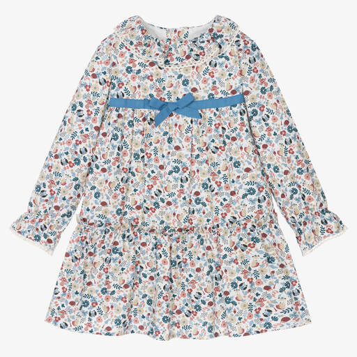 Tutto Piccolo-Girls Ivory & Blue Floral Cotton Dress | Childrensalon Outlet