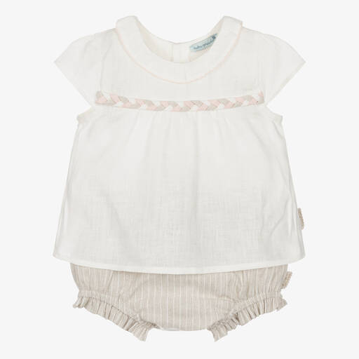 Tutto Piccolo-طقم شورت أطفال بناتي كتان لون عاجي | Childrensalon Outlet